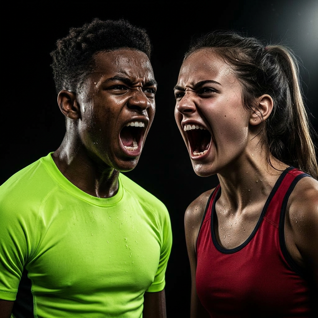 Teenage athletes screaming in competitive intensity
